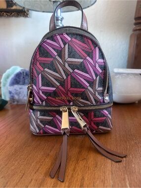 Michael Kors Pink & Brown Geometric Monogram Mini Backpack/Crossbody